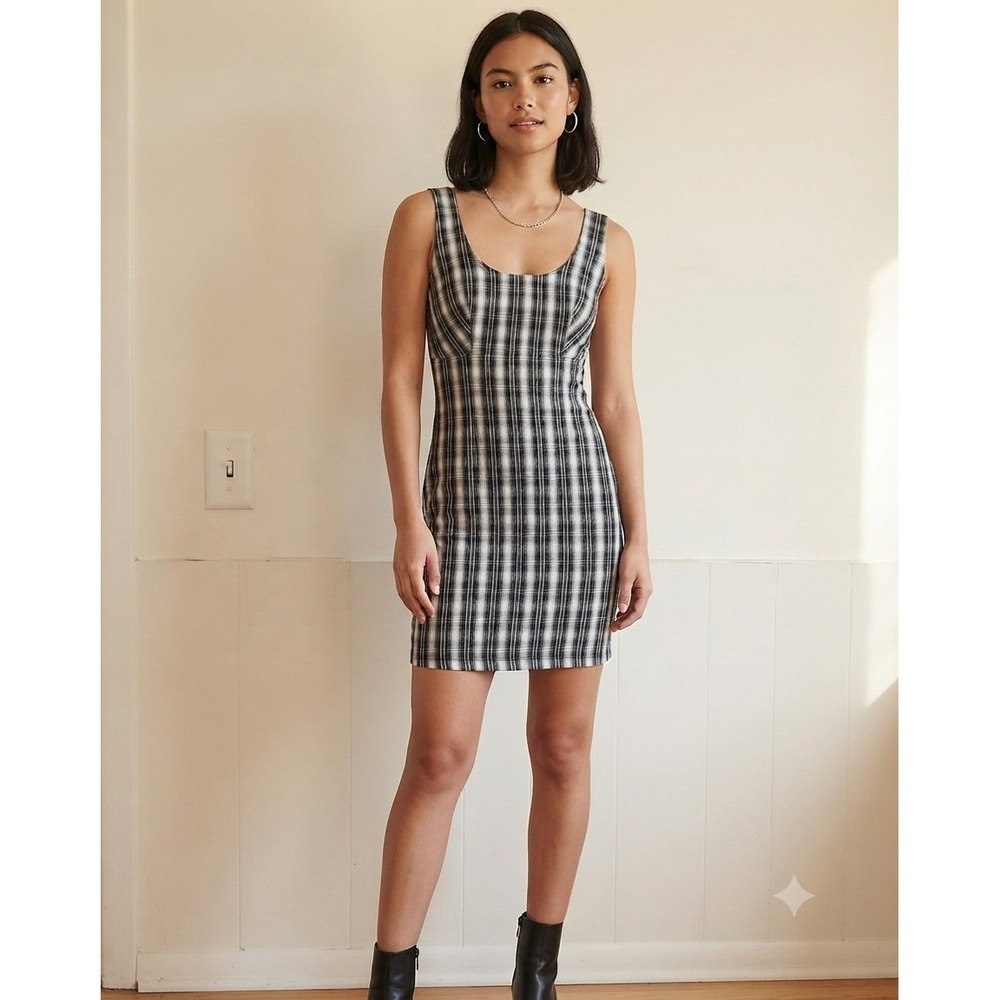 Vintage 90s Brioche California Plaid Mini Dress Grunge Y2K Black White Small USA